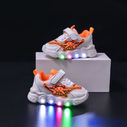 Spring New Style Dinosaur Led Light Sneakers for Boys and Girls Spring & Fall New Mesh Breathable Casual Light Shoes for Children and Middle-Aged Children