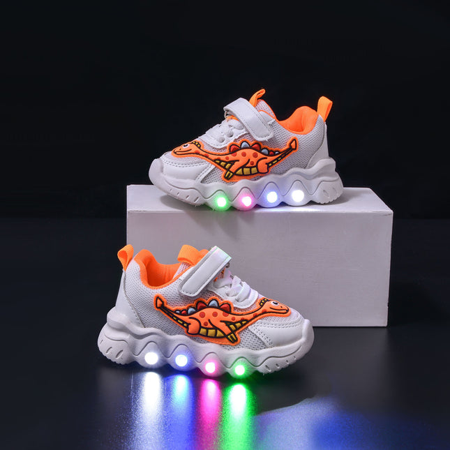 Spring New Style Dinosaur Led Light Sneakers for Boys and Girls Spring & Fall New Mesh Breathable Casual Light Shoes for Children and Middle-Aged Children