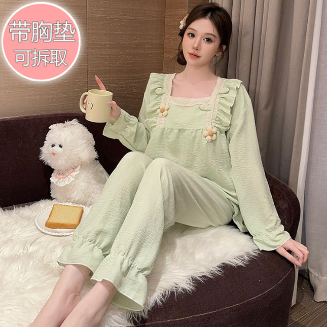 Spring and Autumn Clouds Cotton Pajamas Women's Sweet Square Collar with Chest Pad Long Sleeve Trousers Plus Size chubby girl Home Clothes