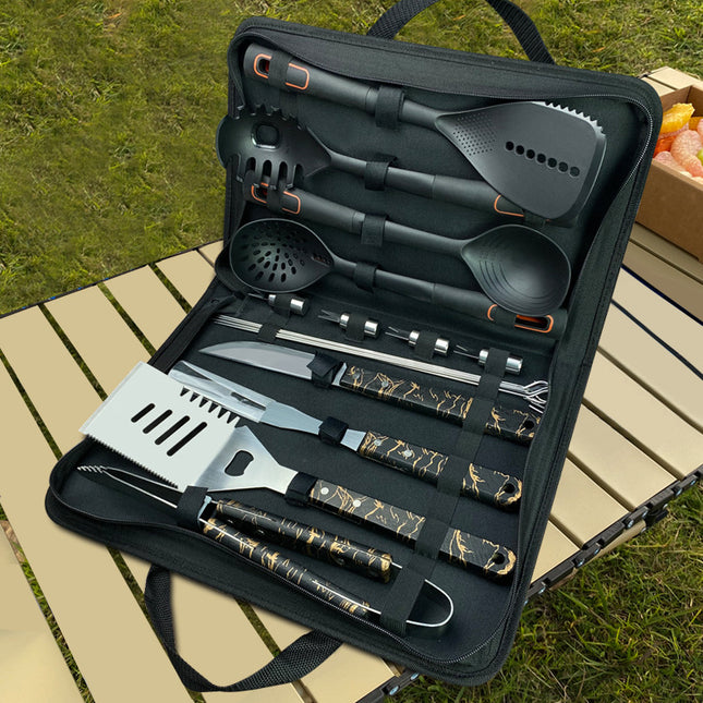 Outdoor camping stainless steel barbecue tools knife and fork suit nylon kitchenware spoon shovel cloth gift box wholesale