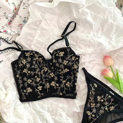 Mesh Lace Court Wearing French Fishbone Underwear Women's Cross-border Embroidered Bra Panties Set