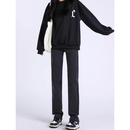 Black Grey Smoke Tube Jeans Women's Trendy All-match Korean Style High Waist Slimming Stretch Slim-fit Niche Narrow Straight Leg Pants