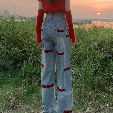 Vintage American Embroidered Straight Jeans Women's Trendy All-match plus size chubby girl High Waist Slimming Loose Wide-leg Trousers