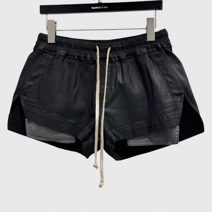 Subhuman | Dark Style Mainline Black Shorts with Elastic Waistband and Drawstring, Slimming Wax Finish, Versatile and Slimming.