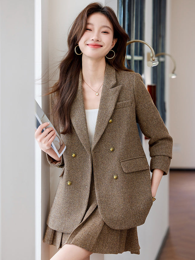 Cross-Border Coffee-Colored Blazer for Women, Spring New Korean Style Casual Loose Plus-Size Wool Suit with Pleated Skirt Set