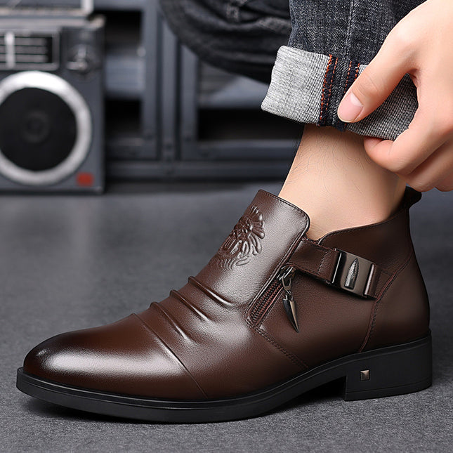Men's Shoes Zipper Pointed Leather Shoes Autumn and Winter New 2025 Soft Sole Men's Business Casual Low-Top Men's Cotton Shoes Three Joints