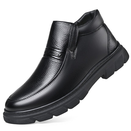 Winter fleece-lined Warm Cotton Shoes Men's Genuine Leather Fluffy Casual High-top Leather Shoes Men's Non-slip Soft Sole Middle-aged and Elderly Dad's Shoes
