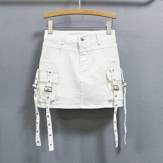 Retro Black and Gray Spicy Girl Style Ribbon Sweet Cool Denim Short Skirt for Women, Spring and Summer High-Waisted Workwear Ins Elastic Bodycon Skirt