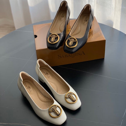Shallow Mid-Heel Square-Heeled Shoes, Goatskin Sweet Buckle Flats, Pure Original Italian Memory Foundation, Good-Feeling Women's Shoes, Comfortable