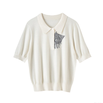 2026 Spring and Autumn Fine Knit Pure Cashmere Intarsia Short Sleeve 18-Gauge Thickened Thin Knit Sweater with Cat Head Design Versatile Knitwear