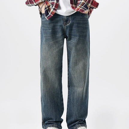 2025 Cross-Mirror Retro Washed Jeans Men's Trendy Brand Versatile Loose Draped Wide-Leg Straight Pants Autumn Style