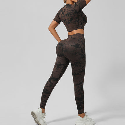 Cross-Border Seamless Tie-Dye Yoga Wear Beautiful Back Sports Bra High Waist Peach Butt Lift Fitness Tights Suit for Women