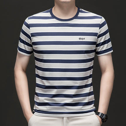 Mingdi Mouse Men's Summer New Business Striped plus size Men's T-shirt Short-sleeved Casual Young and Middle-aged Crewneck T-shirt