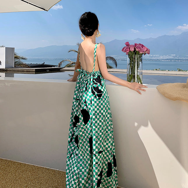 Real Shot Green Checkerboard Dress Women's Artistic Asymmetrical Neck Backless Vacation Strap Long Dress