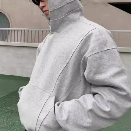 American Retro Splicing Deconstructed Cleanfit Gray Hooded Sweatshirt Simple High-End Silhouette Short Hoodie for Men