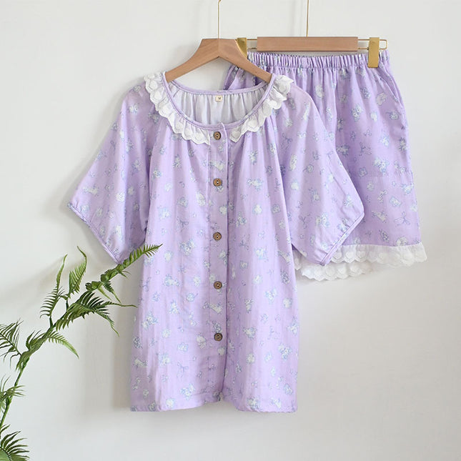 Summer Cotton Short-sleeved Shorts Double-layer Yarn Crewneck Lic Collar Women's Pajamas Home Wear Soft and Sweet Outer Wear