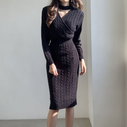 Front and Back Wearing Split Chic Distinctive All-Match Round Neck Hemp Pattern Design Cared Machine Sweater dress Women