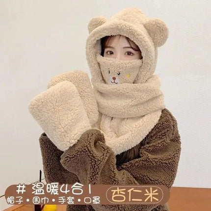 Little Bear Hat Winter Cute Scarf Gloves One-piece Winter Neck Hooded Women's Mask Warm Internet Celebrity Four-piece Set