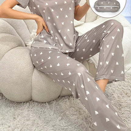 Cross-Border Women's New Foreign Trade Casual Home Wear Heart Short-Sleeved Trousers Two-Piece Set Comfortable Eye Mask Pajamas Set