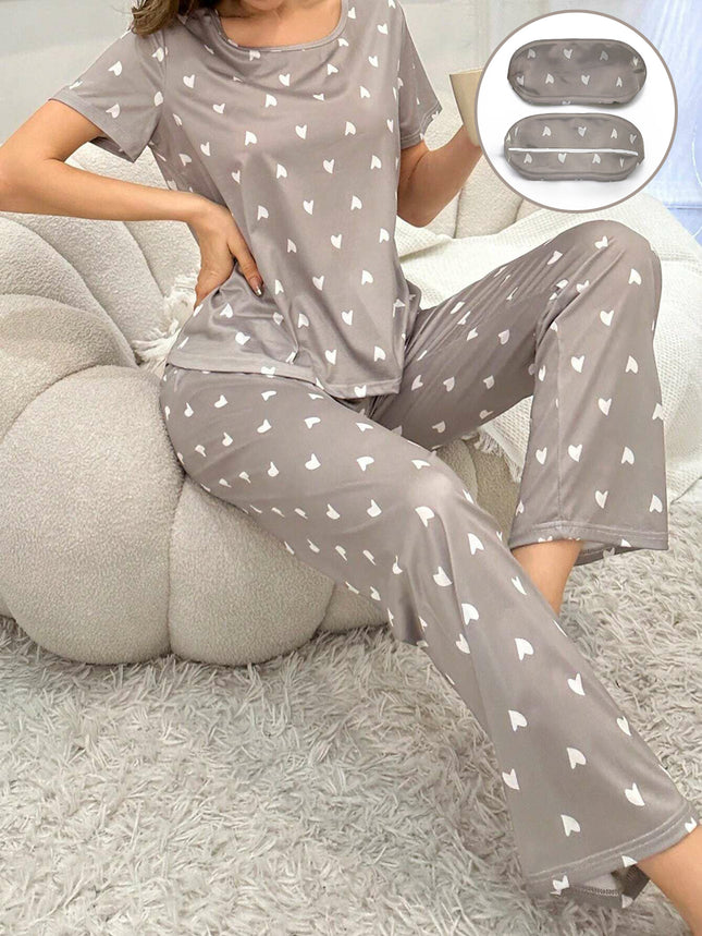 Cross-Border Women's New Foreign Trade Casual Home Wear Heart Short-Sleeved Trousers Two-Piece Set Comfortable Eye Mask Pajamas Set
