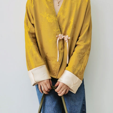 Special Offer: New Chinese-Style Jacquard Tang Suit Jacket, High-End Long-Sleeve Chinese-Style Raglan Sleeves, Tie-Up with Traditional Chinese Buttons, Women's Top with Color-Blocking