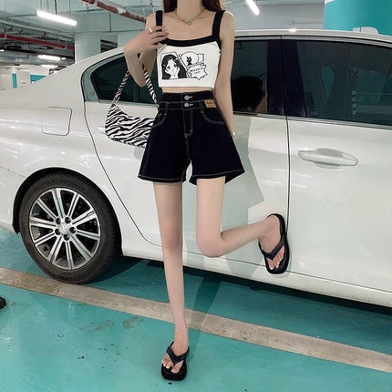 2025 New Black Hole Denim Shorts Women's Summer Students Loose Straight Scrub High Waist Slim A- Shed Hot Pants