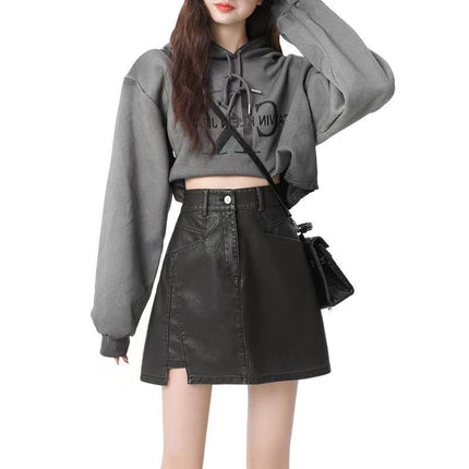 Leather Skirt Short Skirt 2024 New Large Size Design Black Mmpu Small Leather High Waist Pu Skirt