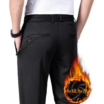 Autumn and Winter fleece-lined Casual Pants Straight Elastic Waist Stretch Pants Men's Thickened Business Men's Pants Elastic Waist Warm Pants