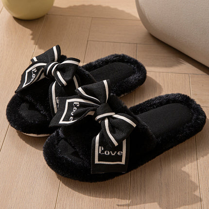 Foreign Trade Cross-Border Open-Toe Furry Bow Women's Indoor Home Wooden Floor Four-Season Furry Slippers