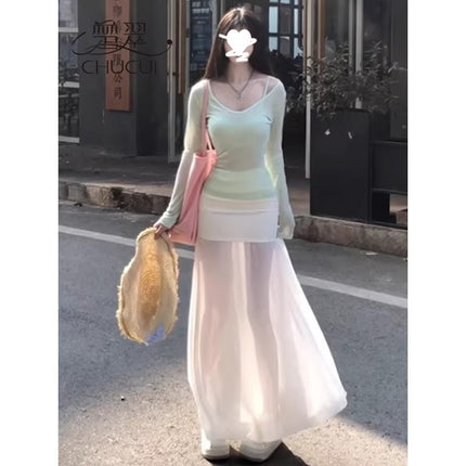 Seaside Vacation Style Outfit for Women 2025 Summer New Pure Lust Style Tulle Sun Protection Blouse with Suspenders and Beautiful Back
