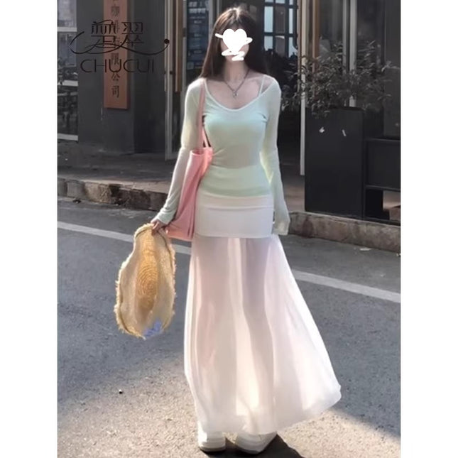 Seaside Vacation Style Outfit for Women 2025 Summer New Pure Lust Style Tulle Sun Protection Blouse with Suspenders and Beautiful Back