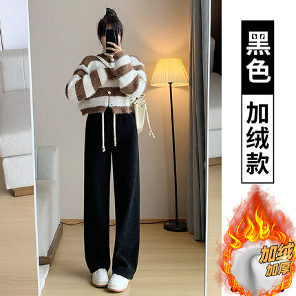 2023 fleece-lined new corduroy narrow wide-leg pants women's autumn and winter high waist slimming casual pants loose straight pants