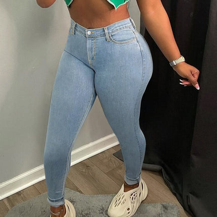 Guangzhou Supply Tiktok Pop In-Stock Plus-Size Women's High-Stretch Zippered Mid-Waist Skinny Jeans