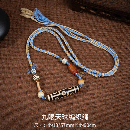 Natural Xizang Yellow Nine-Eyed Dzi Bead Necklace Multi-Totem Agate Pendant Couple Style Braided Necklace Ready for Sale