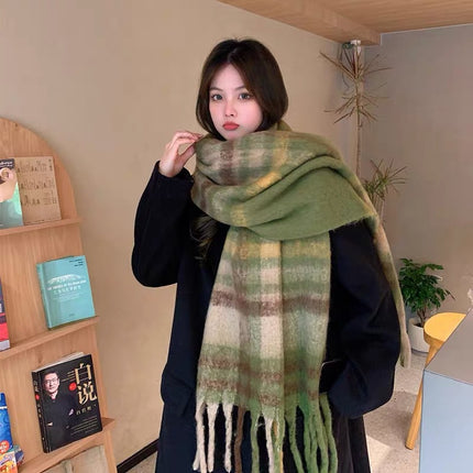 Maillard Green Plaid Scarf 2025 New Autumn and Winter Women's Retro Versatile Thickeneded Warm Shawl Scarf