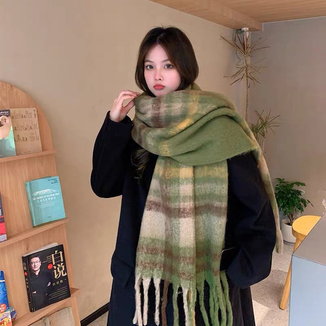 Maillard Green Plaid Scarf 2025 New Autumn and Winter Women's Retro Versatile Thickeneded Warm Shawl Scarf