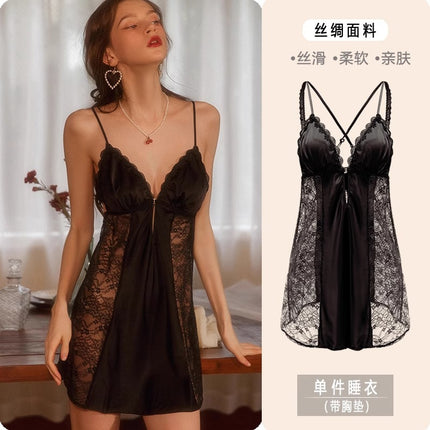 2026 New Sexy Sleepwear for Women, Summer Lace Camisole, Ice Silk Hot Girl Nightgown with Chest Pads, Pure Desire Style, High-End Feel