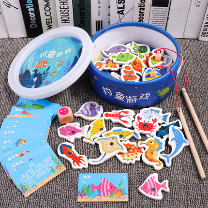 Magnetic Wooden Barrel Marine Fishing Toy Children's Early Education Educational Cognitive Fun Boys and Girls Parent-Child Games