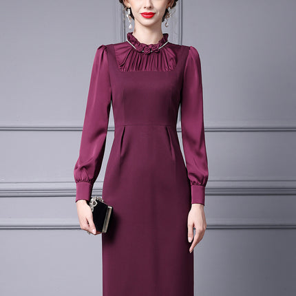 Zhili Spring Collection Women's Long Sleeve High-End Wine Red Floral Slim Fit Dress 2026 New Model