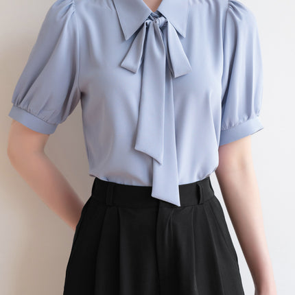 Commuter White Shirt Women's Bow Ribbon Chiffon Summer New Puff Sleeve Professional Interview Dress Short Sleeve Shirt