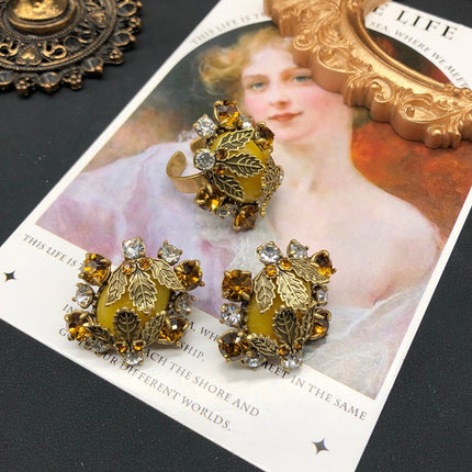 Retro Style Versatile Earrings Ring Leaf Design Copper Material Diamond Pink Crystal Topaz Old Gold Ring Set Jewelry
