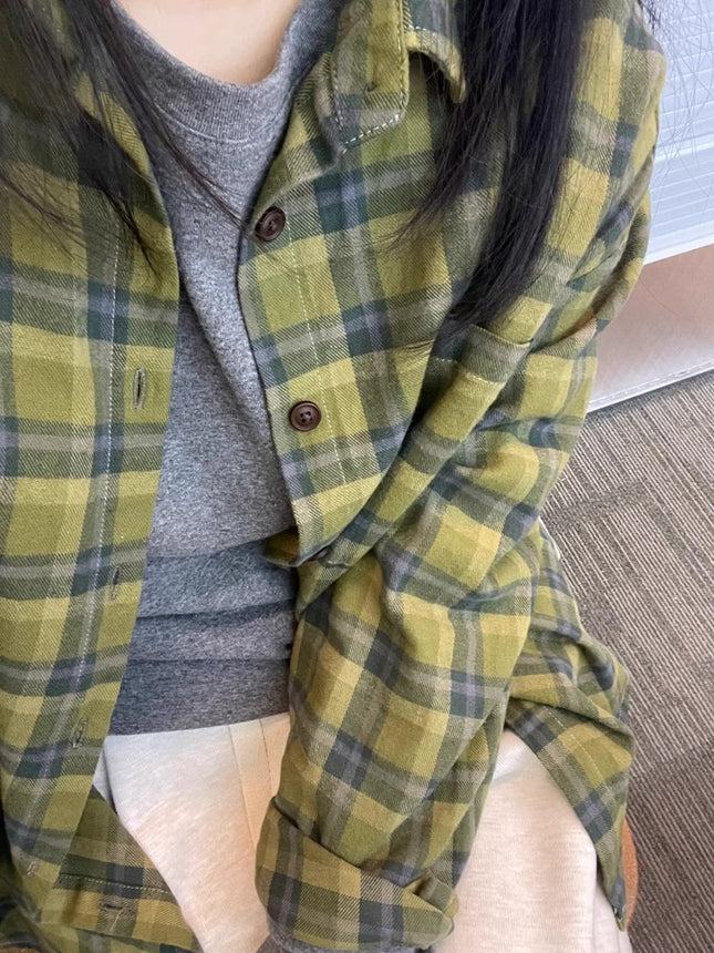 Green Plaid Shirt with Design Sense Niche 2025 Spring and Autumn New Shirt Coat High Sense Long Sleeve Top