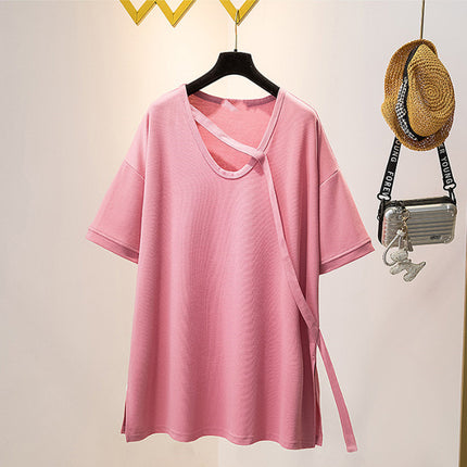 Niche Design Sense Mid-length Short-sleeved T-shirt 2024 Summer chubby girl plus size Women's Loose Slimming All-match Solid Color Top