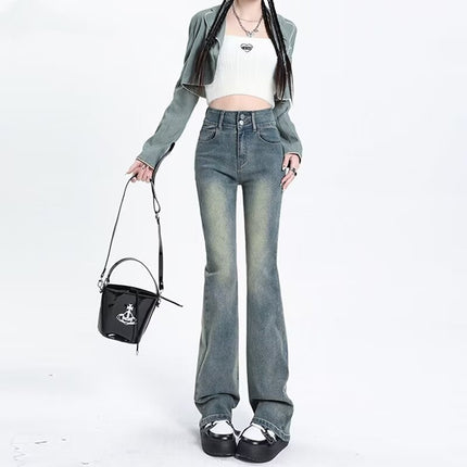 Cement Ash Weakly Lamar Jeans Women's Trendy All-match New High Waist Slimming Slim-fit Horseshoe Trumpet Pants