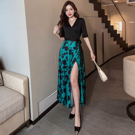 Yujie Fan High Waist Wrap Chest Stitching Wrap Dress 2023 New Floral Vintage Printed One-piece Dress for Women