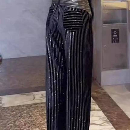 Chinese Style Rhinestone High-End Black High-Waisted Straight Wide-Leg Pants for Women, Winter Slimming Versatile European High-Quality Floor-Length Pants
