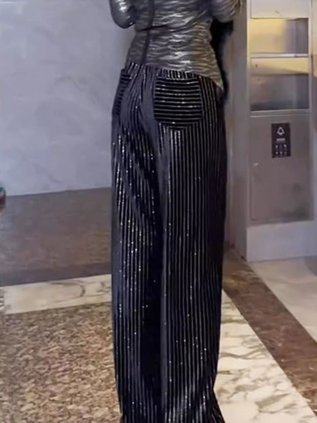 Chinese Style Rhinestone High-End Black High-Waisted Straight Wide-Leg Pants for Women, Winter Slimming Versatile European High-Quality Floor-Length Pants