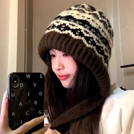Cute Bear Ear Knitted Hat for Women, Autumn and Winter, Makes the Face Look Smaller, Versatile, Warm Woolen Hat, Cold-Proof Plush Ear Protection Hat