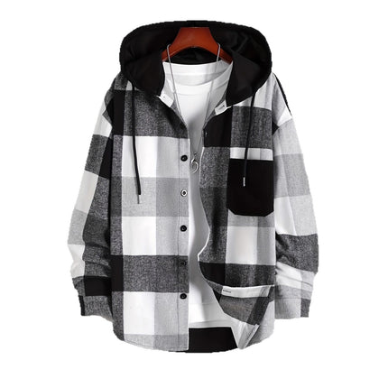 2023 Autumn/Winter Wish Amazon Men's Hooded Shirt Plaid Pocket Long Sleeve Thickened Shirt Cold-Resistant Thickened