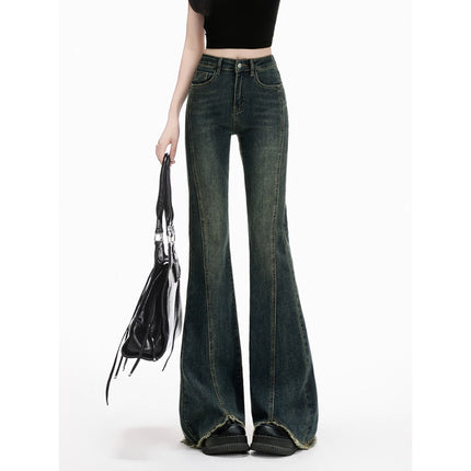 Vintage Flared Jeans for Women 2025 Autumn New High-Waisted Stretchy Slim Fit Frayed Hem Floor-Length Pants